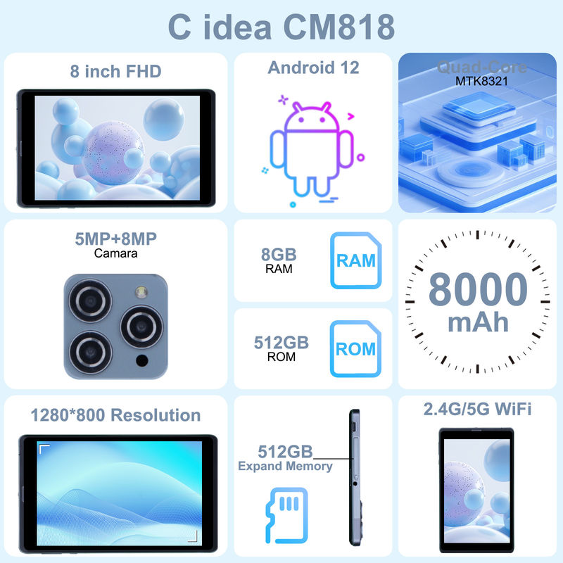 सी आइडिया एंड्रॉयड टैबलेट पीसी ड्यूल कैमरा 8 इंच 1280x800 IPS HD डिस्प्ले एंड्रॉयड 12 टैबलेट छात्र के लिए CM818-ग्रे