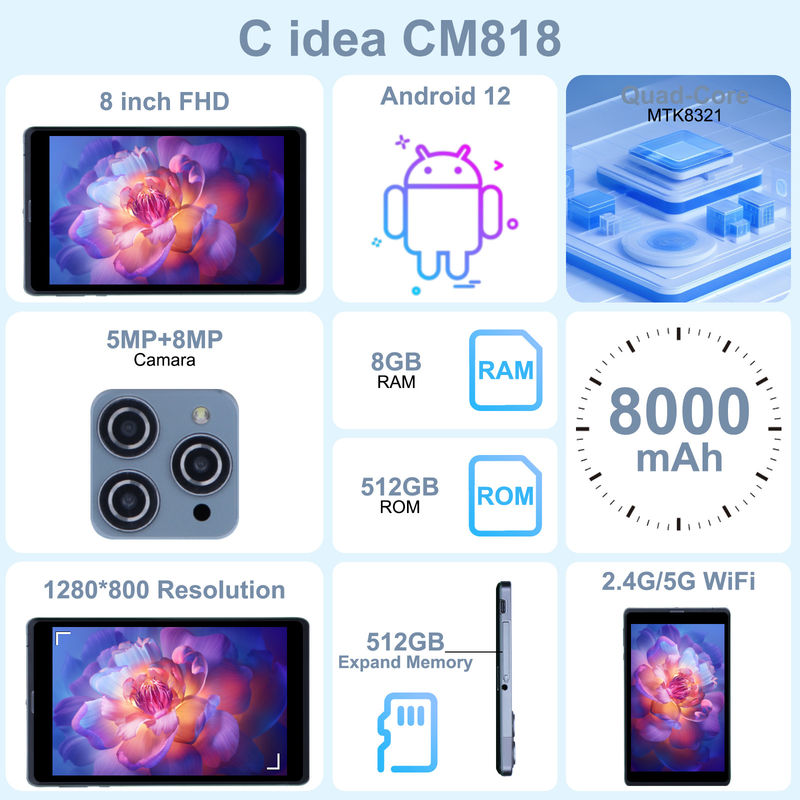 सी आइडिया एंड्रॉयड टैबलेट पीसी डुअल कैमरा 8 इंच 1280x800 IPS HD डिस्प्ले एंड्रॉयड 12 टैबलेट किशोरों के लिए CM818-ग्रे