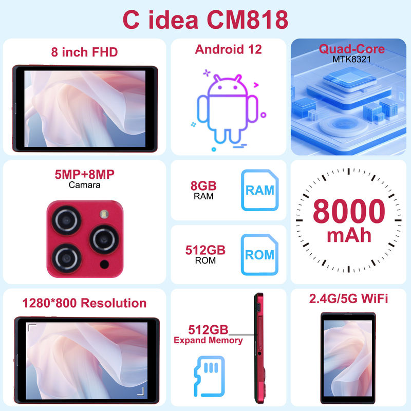 सी आइडिया 8 इंच एंड्रॉयड 12 टैबलेट 8 जीबी रैम 512 जीबी रोम 8000mAh बैटरी 5+8MP छात्र के लिए कैमरा सिम समर्थन के साथ CM818-लाल