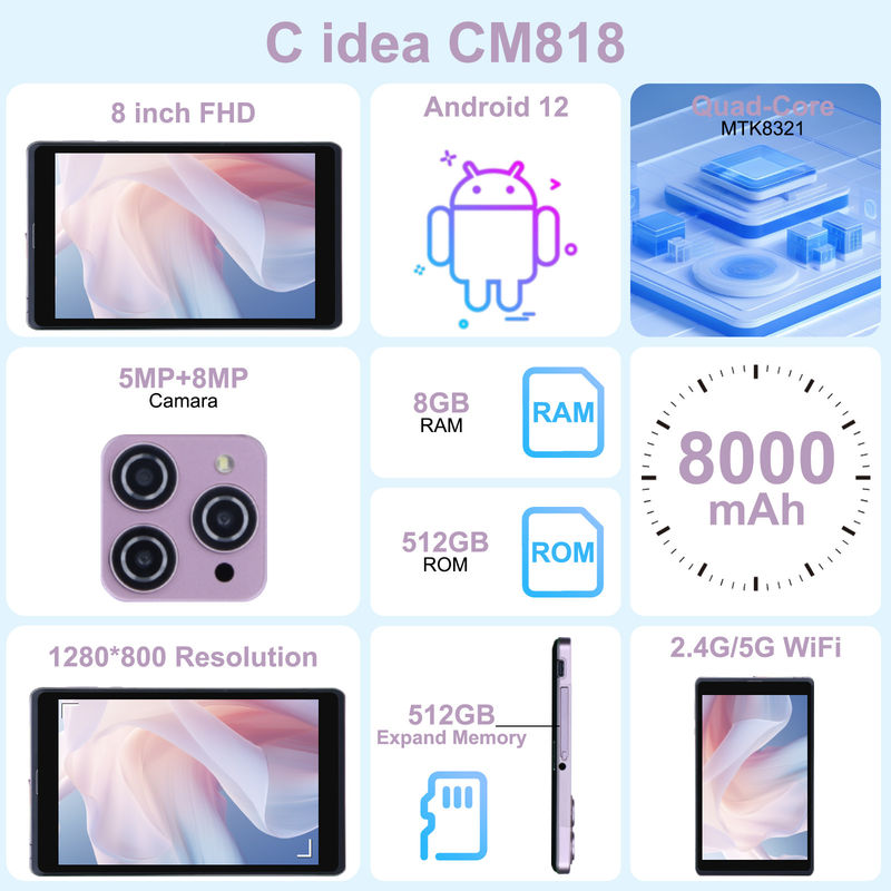 सी आइडिया 8 इंच एंड्रॉयड 12 टैबलेट 8000mAh बैटरी 5+8MP कैमरा 8GB रैम 512GB शिक्षा सीखने के लिए रोम CM818-गुलाबी