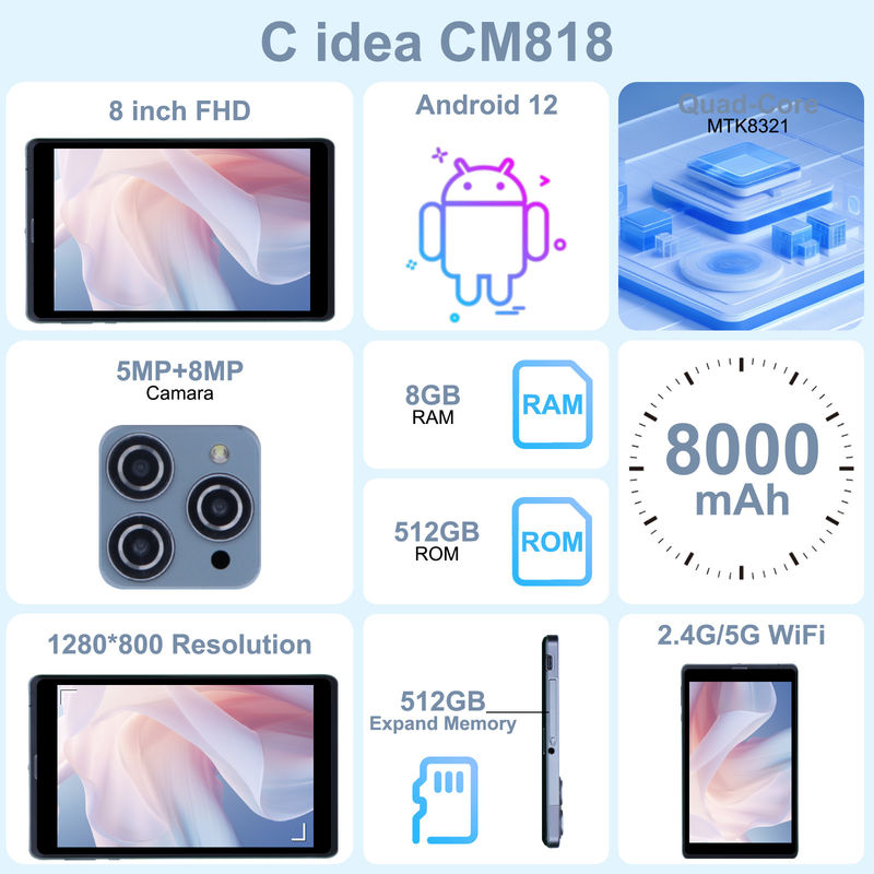 सी आइडिया एंड्रॉयड टैबलेट पीसी ड्यूल कैमरा 8 इंच 1280x800 IPS HD डिस्प्ले एंड्रॉयड 12 टैबलेट छात्र के लिए CM818-ग्रे