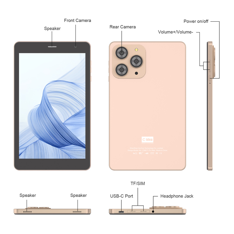 सी आइडिया 8 इंच वाईफाई टैबलेट 8+512GB स्टोरेज क्वाड कोर प्रोसेसर 800x1280 IPS टचस्क्रीन गोल्डन CM817 प्रो