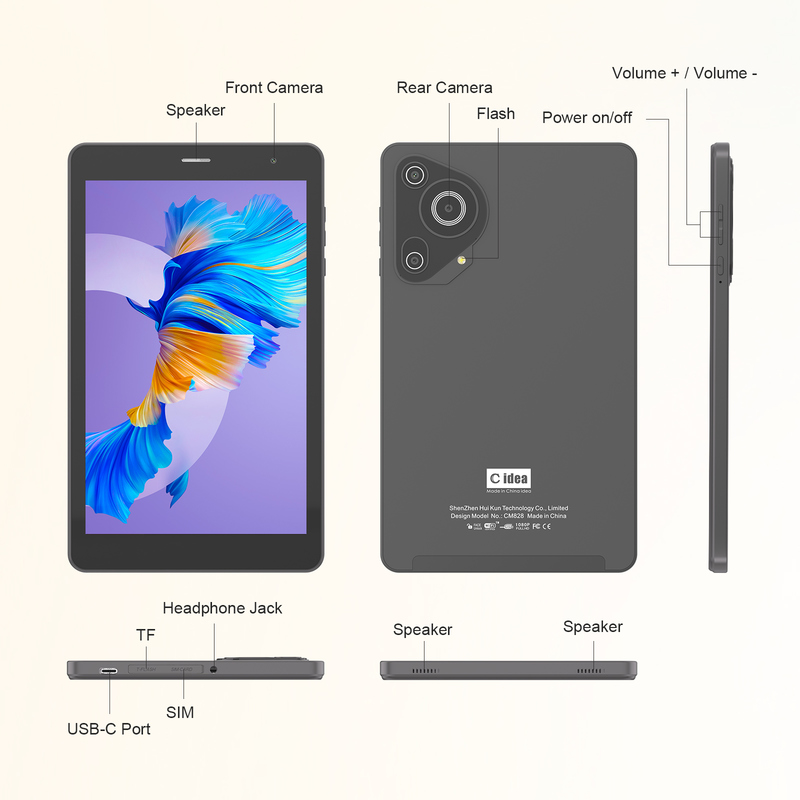 सी आइडिया यूथ 8 इंच टैबलेट एंड्रॉइड 15 ब्लैक लाइट स्क्रीन के साथ, वाईफाई, 8GB + 512GB, 800*1280 IPS इनसेल CM828