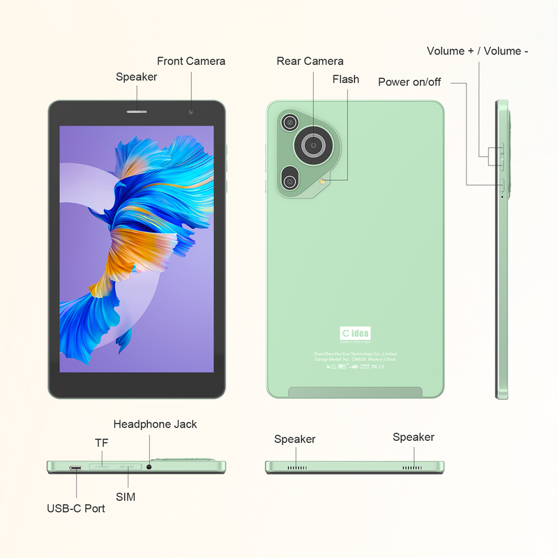 सी आइडिया यूथ ग्रीन 8 इंच टैबलेट एंड्रॉइड 15, tf कार्ड स्लॉट, वाईफाई, 8GB + 512GB, 800*1280 IPS इनसेल CM828 के साथ